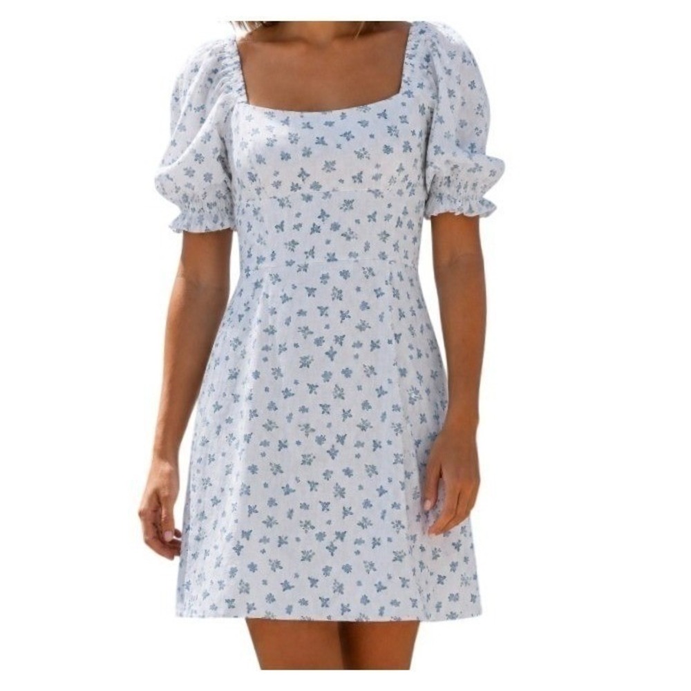 Altar'd State Womens L Shianna White Blue Floral Puff Sleeve Mini Dress NWT